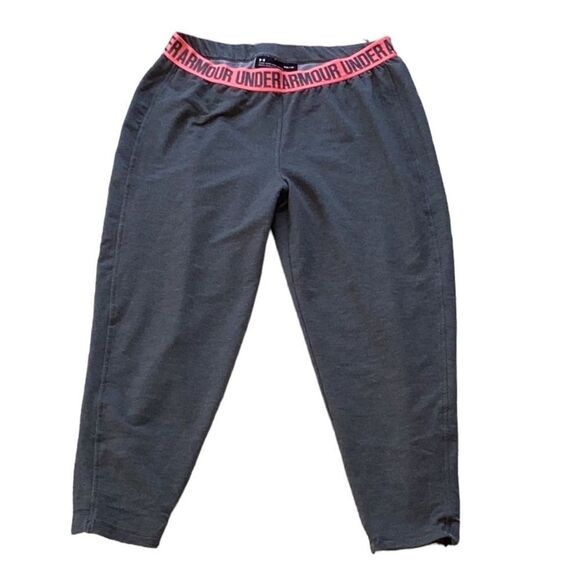 UNDER ARMOUR LOOSE CROPPED SWEAT PANTS GRAY WITH PINK WAISTLINE MEDIUM WOMENS - Picture 1 of 5